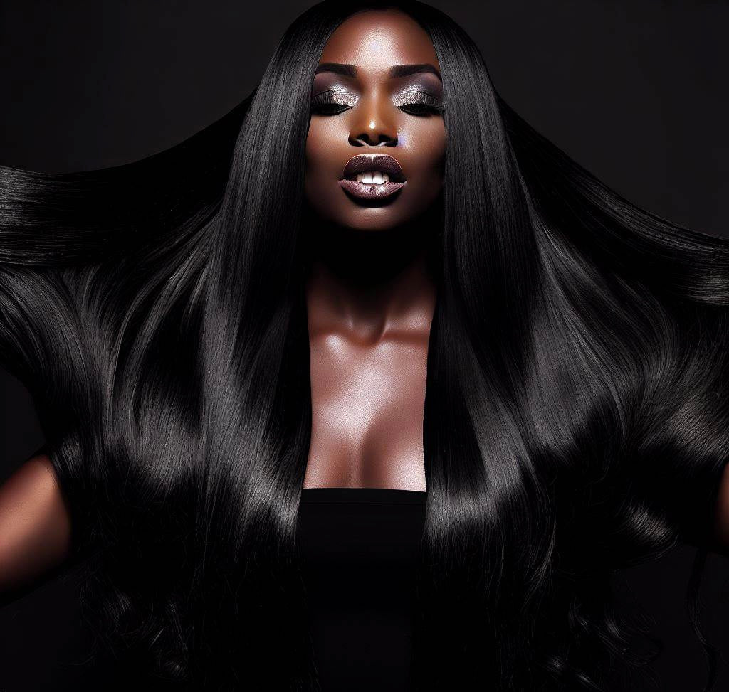 Evolved Extensions glamour shot of a black woman’s hair blowing.